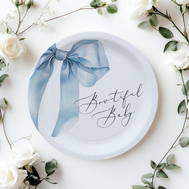 Bowtiful Baby Blue Bow Baby Shower Paper Plates (Creator Uploaded)