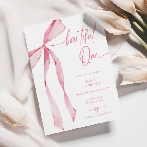 Bowtiful One Watercolor Blush Pink 1st Birthday Invitation