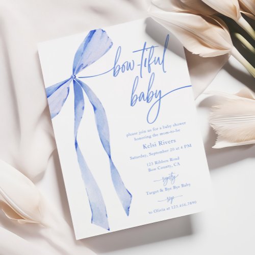 Bowtiful Watercolor Pastel Blue Baby Shower Invitation