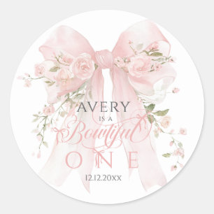 Bowtiiful One 1st Birthday Floral Bow Girls Classic Round Sticker