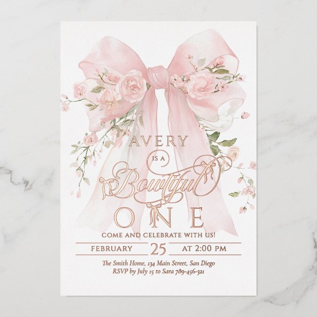 Bowtiiful One 1st Birthday Floral Bow Girls Foil Invitation (Front)