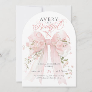 Bowtiiful One 1st Birthday Floral Bow Girls Invitation