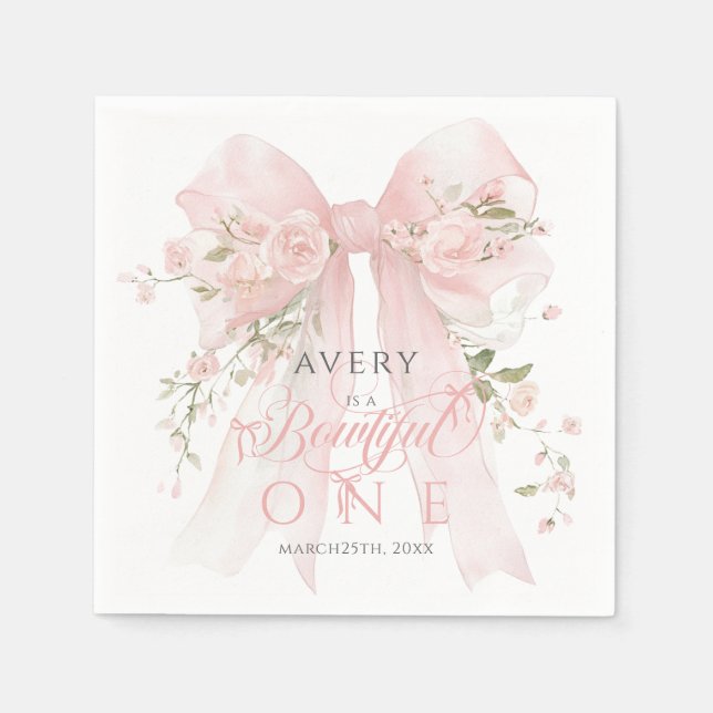 Bowtiiful One 1st Birthday Floral Bow Girls Napkins (Front)