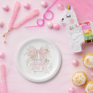 Bowtiiful One 1st Birthday Floral Bow Girls Paper Plates