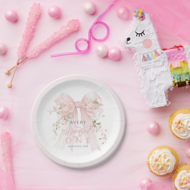 Bowtiiful One 1st Birthday Floral Bow Girls Paper Plates (Party)