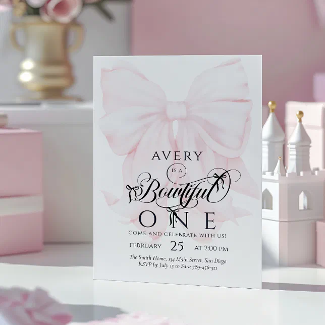 Bowtiiful One 1st Birthday Pink Bow Girls Invitation | Zazzle