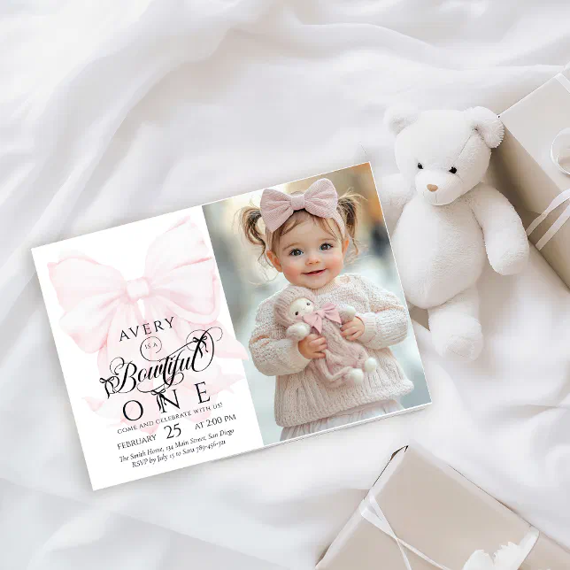 Bowtiiful One 1st Birthday Pink Bow Girls Photo Invitation | Zazzle