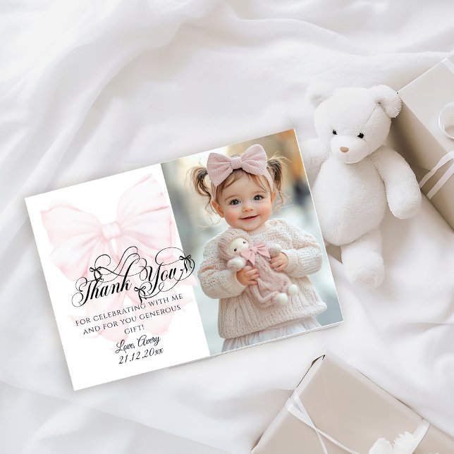 Bowtiiful One 1st Birthday Pink Bow Girls Photo Thank You Card (Creator Uploaded)