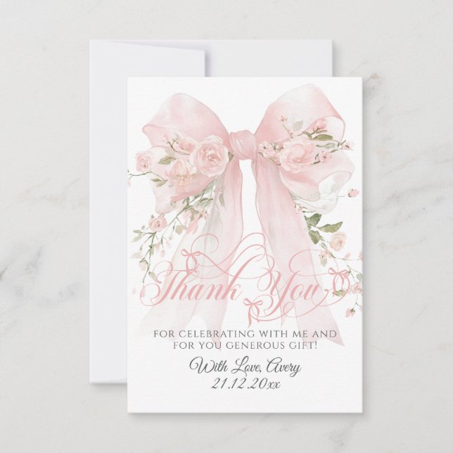Bowtiiful One Photo 1st Birthday Floral Bow Girls Thank You Card (Front)