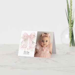 Bowtiiful One Photo 1st Birthday Floral Bow Girls Thank You Card