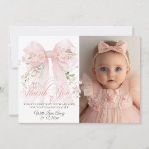 Bowtiiful One Photo 1st Birthday Floral Bow Girls Thank You Card