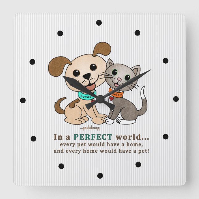 BowWow and MeeYow (Pet Adoption-Humane Treatment) Square Wall Clock (Front)