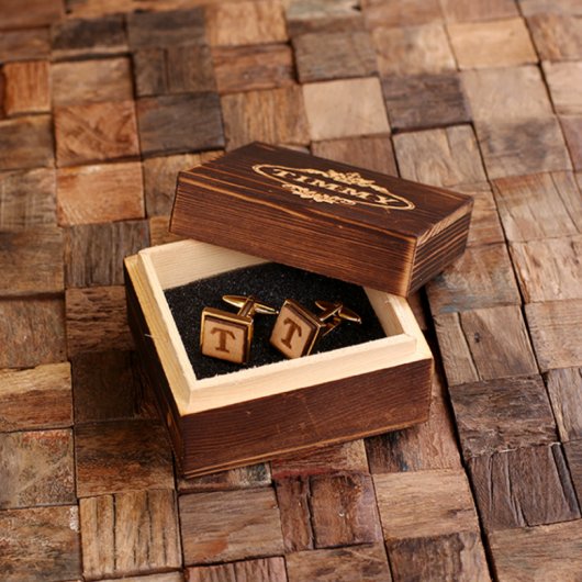 Box & Block Initial Square Wooden & Gold Cufflinks (Inside)