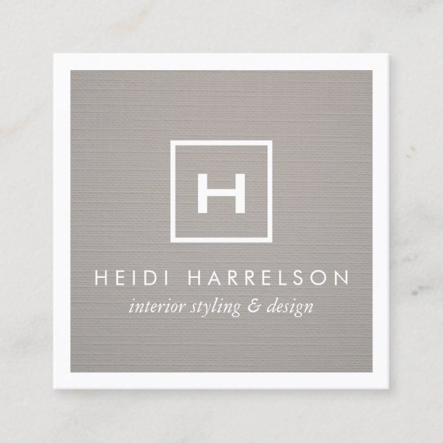 Box Logo Monogram on Gray Linen/White Border Square Business Card (Front)