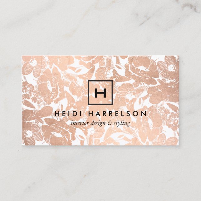 Box Logo Monogram with Rose Gold Floral Pattern Business Card (Front)