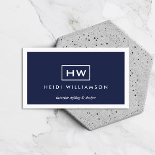 Box Logo with Two Initials Monogram on Dark Blue Business Card