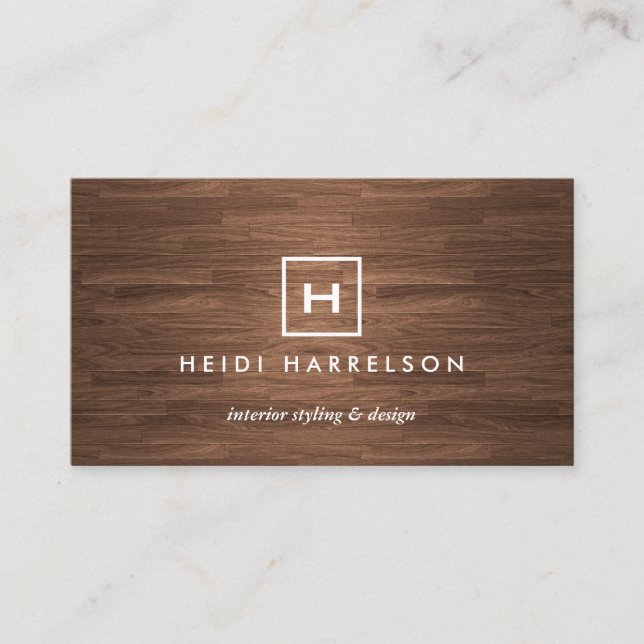 BOX LOGO with YOUR INITIAL/MONOGRAM BROWN WOOD II Business Card (Front)
