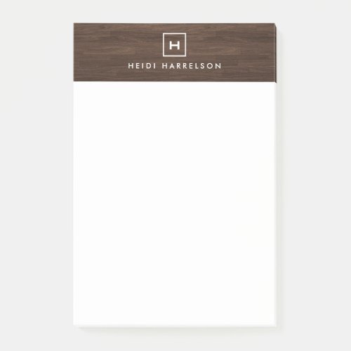 BOX LOGO with YOUR INITIALMONOGRAM on BROWN WOOD Post_it Notes