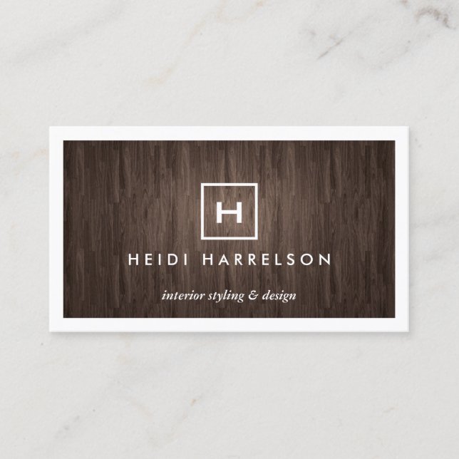 BOX LOGO with YOUR INITIAL/MONOGRAM on DARK WOOD Business Card (Front)