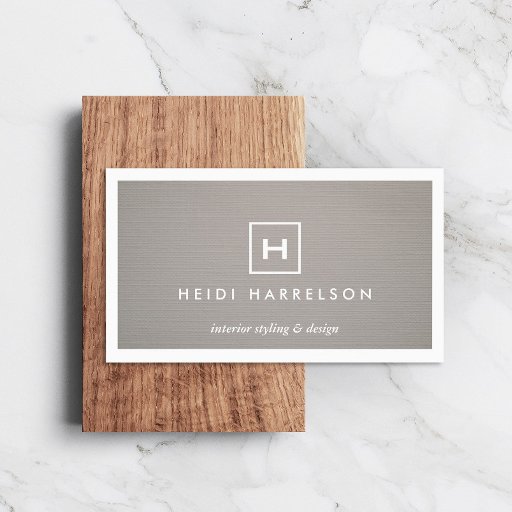 Customizable BOX LOGO with YOUR INITIAL/MONOGRAM on GRAY LINEN Business Cards