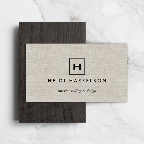 BOX LOGO with YOUR INITIALMONOGRAM on TAN LINEN Business Card