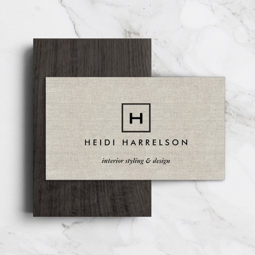 Customizable BOX LOGO with YOUR INITIAL/MONOGRAM on TAN LINEN Business Card