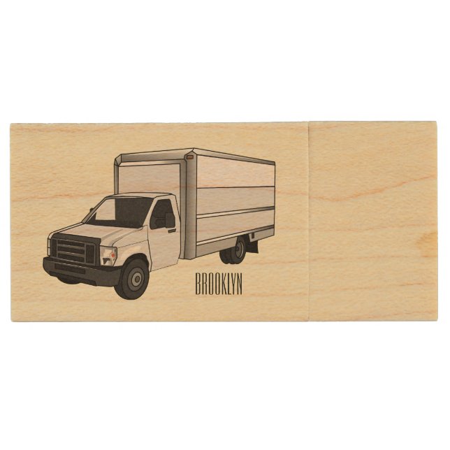 Box truck cartoon illustration wood flash drive (Front)