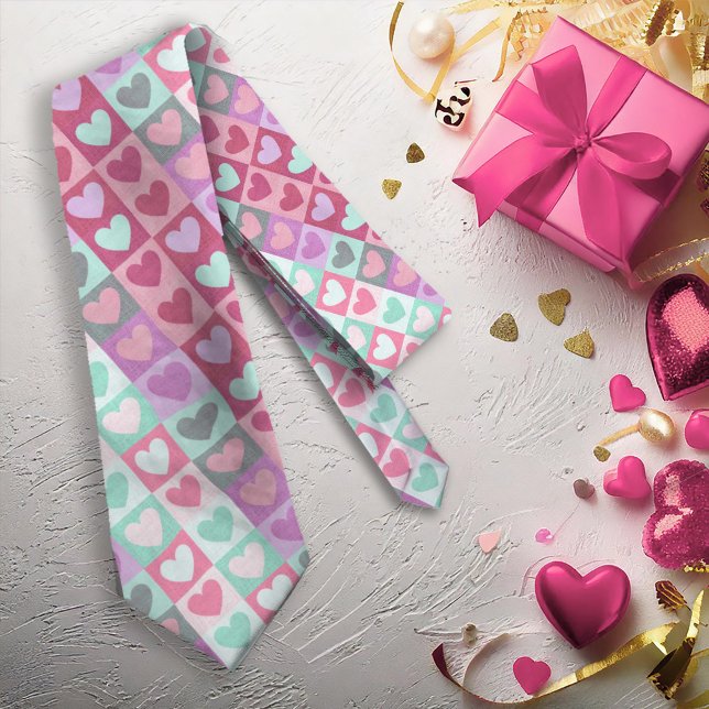 Boxed Hearts Pattern Aqua/Pink ID629 Neck Tie (Creator Uploaded)