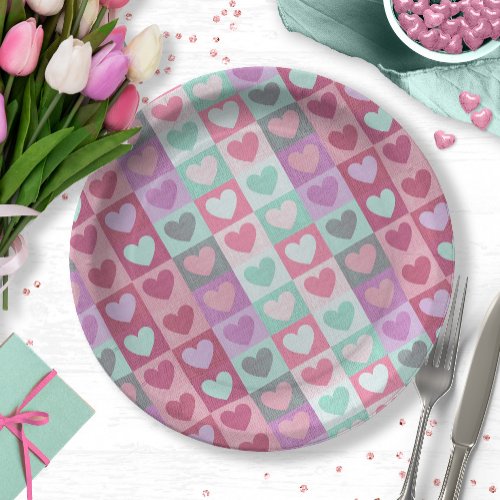 Boxed Hearts Pattern AquaPink ID629 Paper Plates