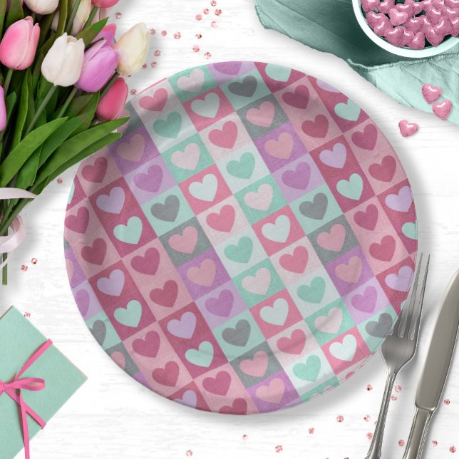 Boxed Hearts Pattern Aqua/Pink ID629 Paper Plates (Creator Uploaded)