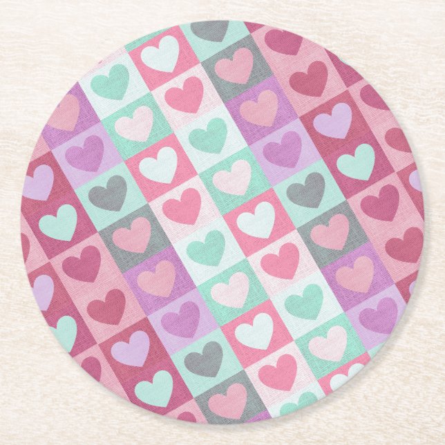 Boxed Hearts Pattern Aqua/Pink ID629  Round Paper Coaster (Front)