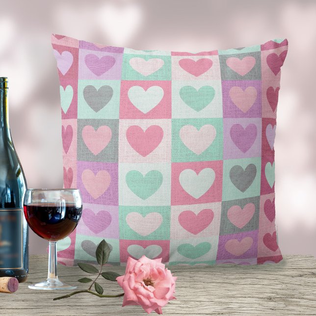 Boxed Hearts Pattern Aqua/Pink ID629 Throw Pillow (Creator Uploaded)
