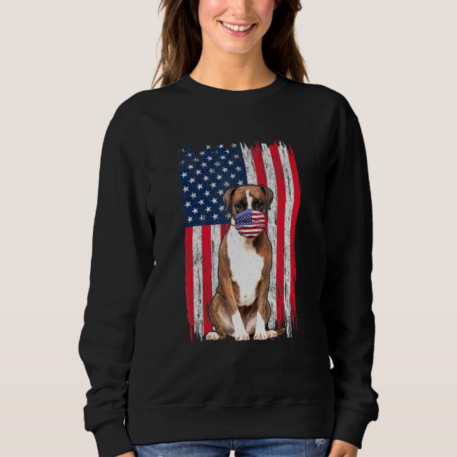 Boxer American Flag Dog Wears Face Mask 4th Of Jul Sweatshirt (Front)