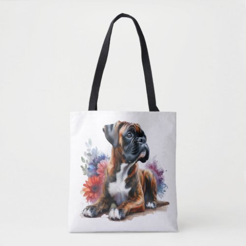 Boxer Amongst The Flowers in Watercolor Tote Bag