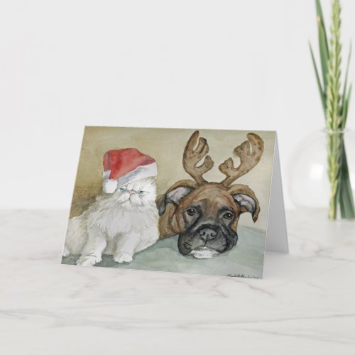 Boxer and Cat Dog Art Greeting Card