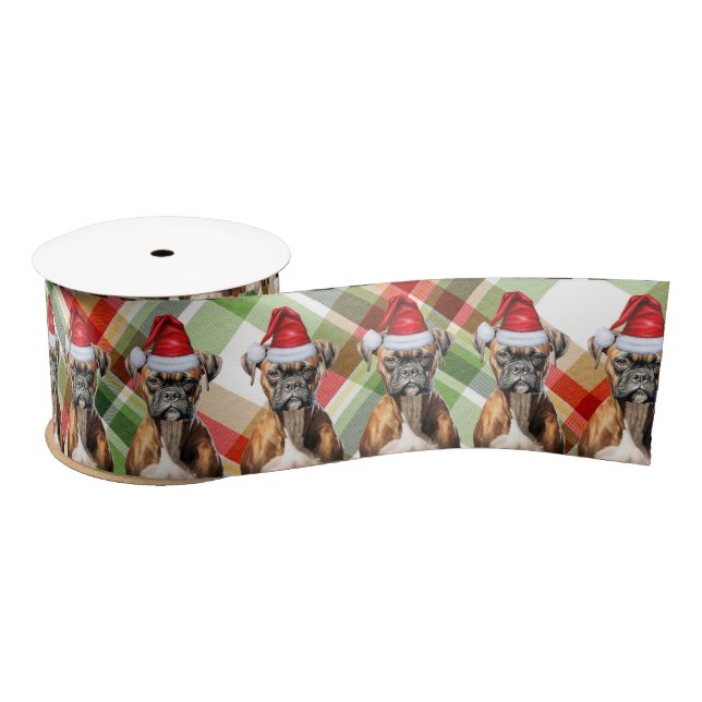 Boxer and Holiday Plaid Funny Dog Christmas Satin Ribbon (Spool)