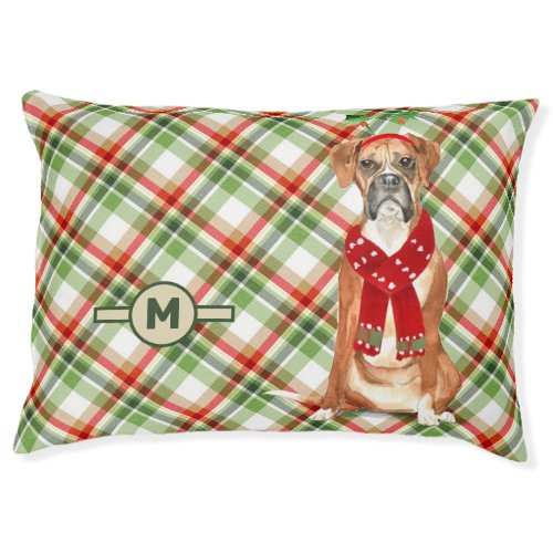 Boxer and Holiday Plaid with Monogrammed Dog Pet Bed