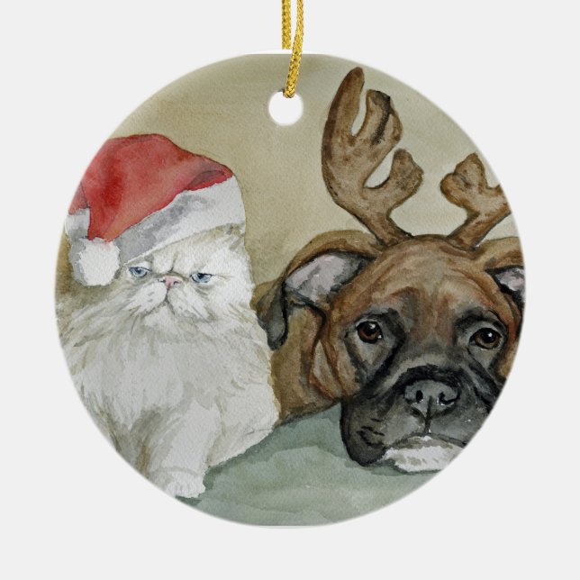 Boxer and Persian Cat Art Ornament (Front)