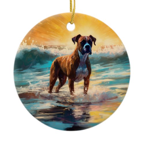 Boxer Beach Surfing Painting Ceramic Ornament