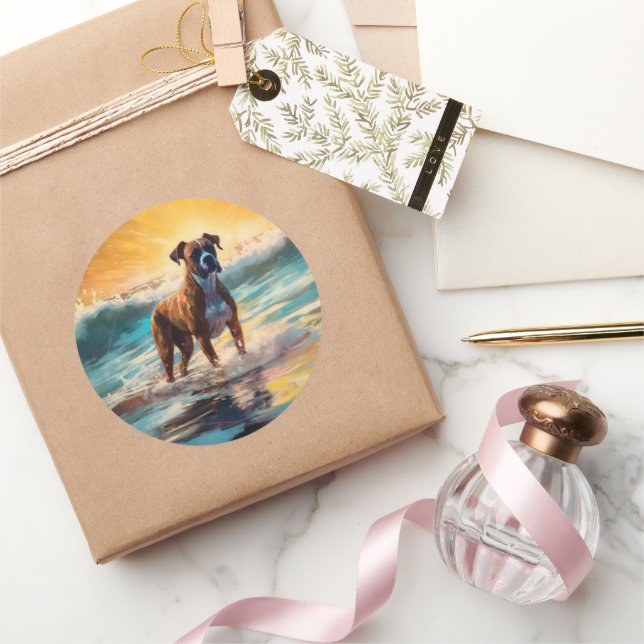 Boxer Beach Surfing Painting Classic Round Sticker (Gifting)