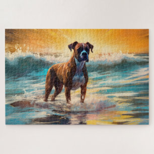 Boxer Beach Surfing Painting Jigsaw Puzzle