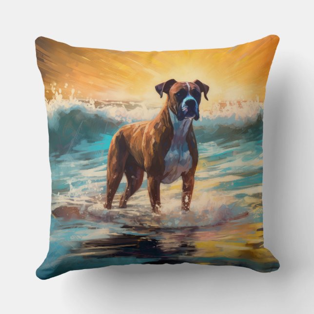 Boxer Beach Surfing Painting Throw Pillow (Back)