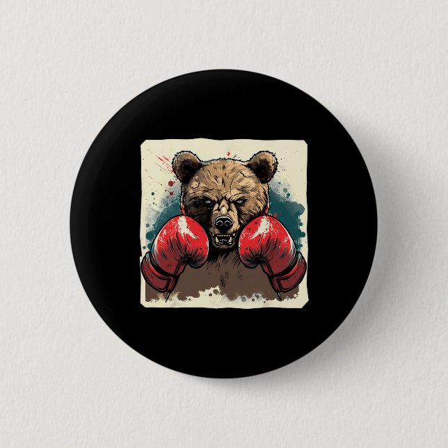 Boxer Bear With Boxing Gloves Kickboxing Funny Box Button (Front)