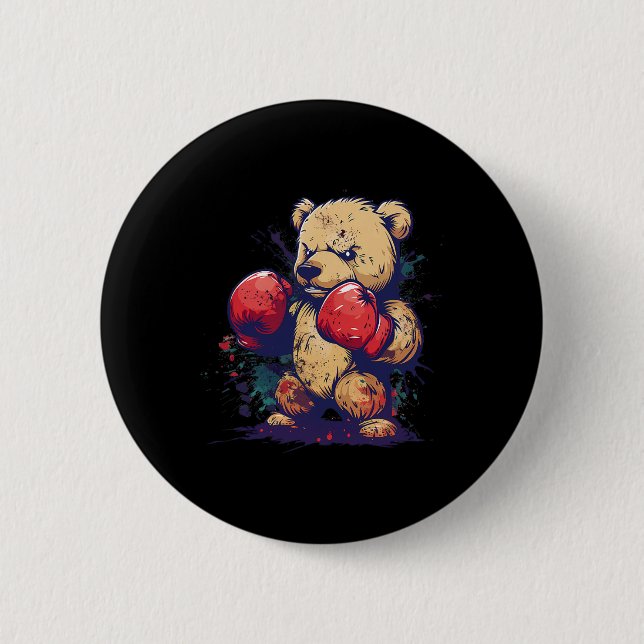 Boxer Bear With Boxing Gloves Kickboxing Funny Box Button (Front)