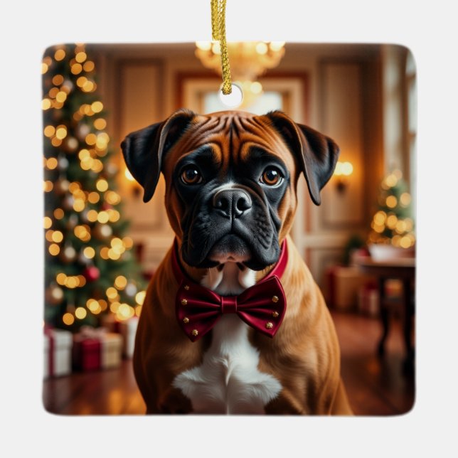 Boxer Christmas Art Ceramic Ornament (Front)