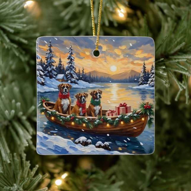 Boxer Christmas Boat Holiday Ceramic Ornament (Tree)