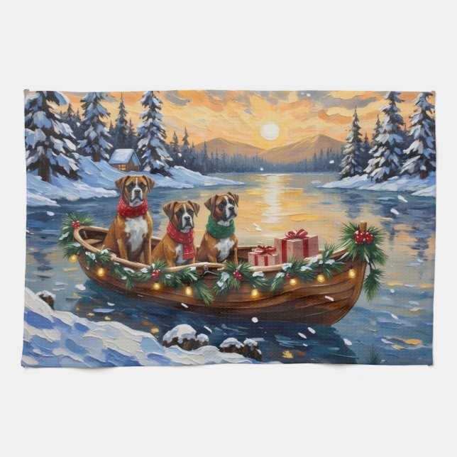 Boxer Christmas Boat Holiday Kitchen Towel (Horizontal)