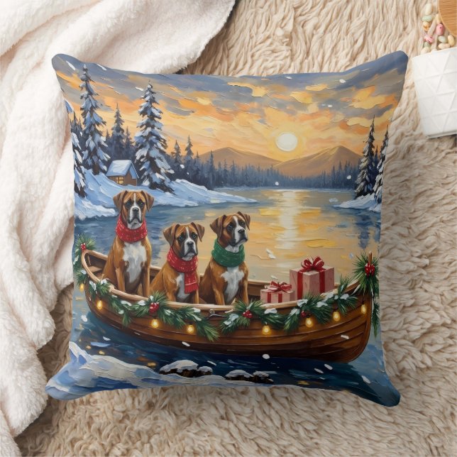 Boxer Christmas Boat Holiday Throw Pillow (Blanket)