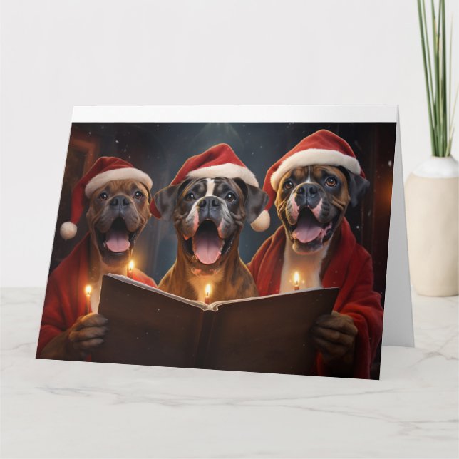 Boxer Christmas Carolers Fun Holiday Card (Front)