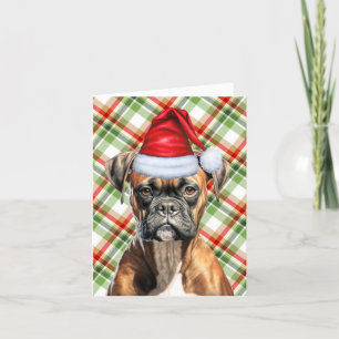 Boxer Christmas Dog and Green Red Plaid Christmas Holiday Card
